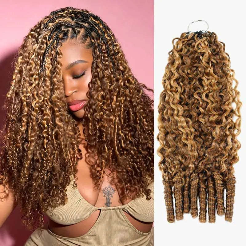 Onimehair 16A Burmese curly feather crochet hair extensions in #P4/27 highlights, soft pre-looped human hair for women.
