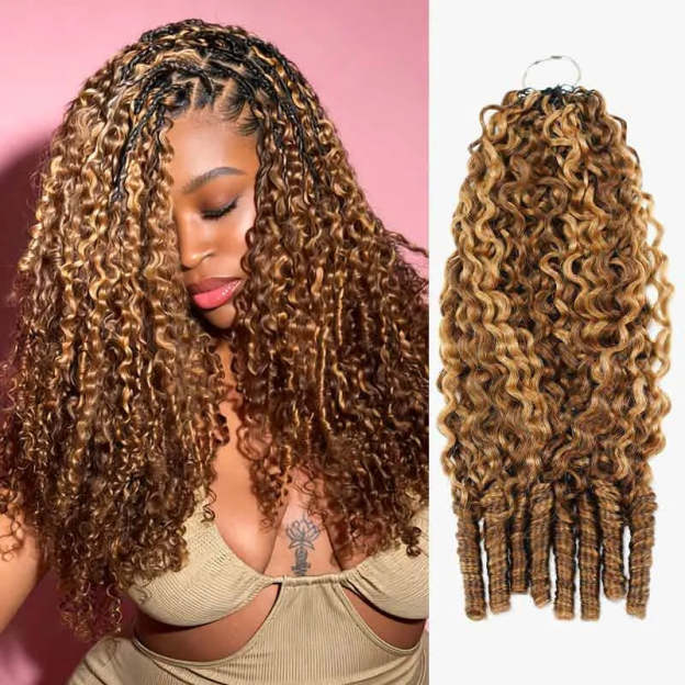 Onimehair 16A Burmese curly feather crochet hair extensions in #P4/27 highlights, soft pre-looped human hair for women.