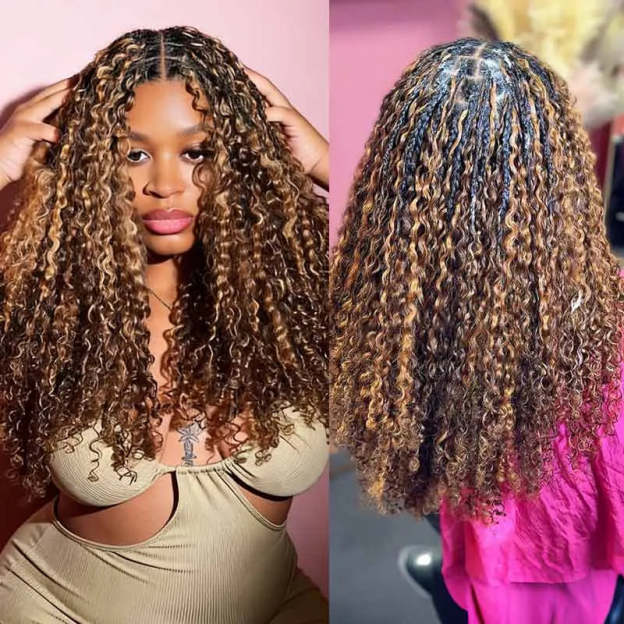 Onimehair 16A Burmese curly crochet human hair extensions in #P4/27 highlights, pre-looped soft natural curly braids for women