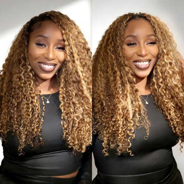 Onimehair 16A Burmese curly feather crochet hair extensions in #P4/27 highlights, natural soft pre-looped human crochet braids