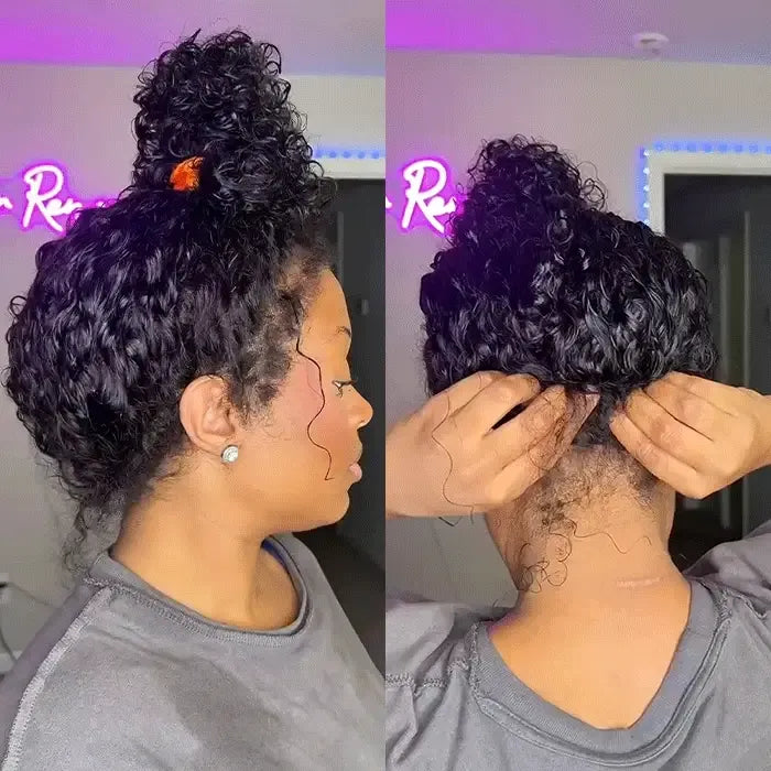 Onime Hair 4C Edges curly wig with natural hairline, human hair, 220% density, glueless style, showcasing curly texture and detailed edges.