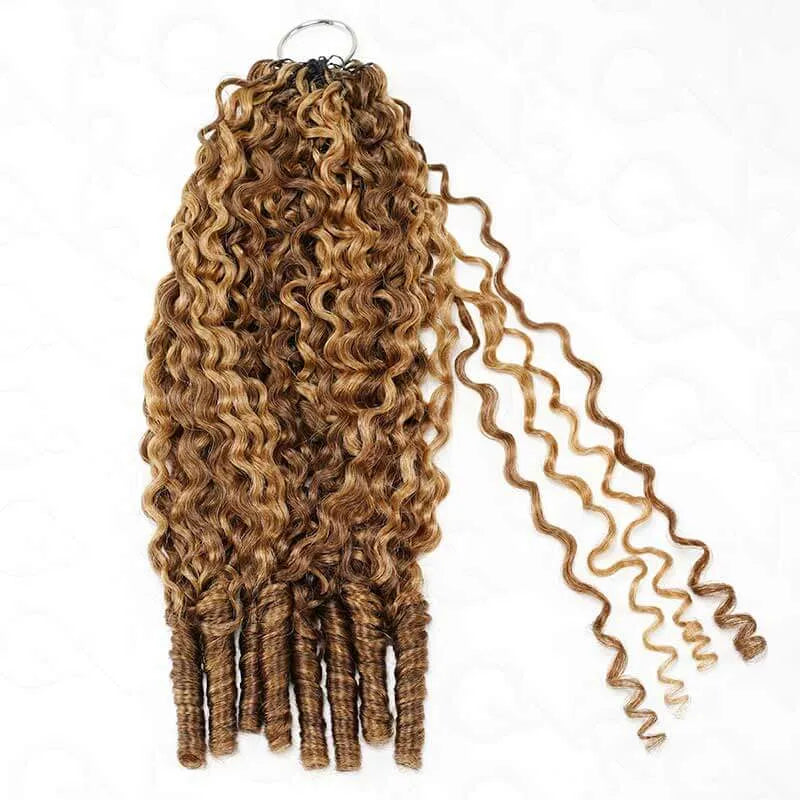 Onimehair 16A Burmese curly crochet human hair extensions in #P4/27 highlights, pre-looped soft, natural-looking crochet braids for women