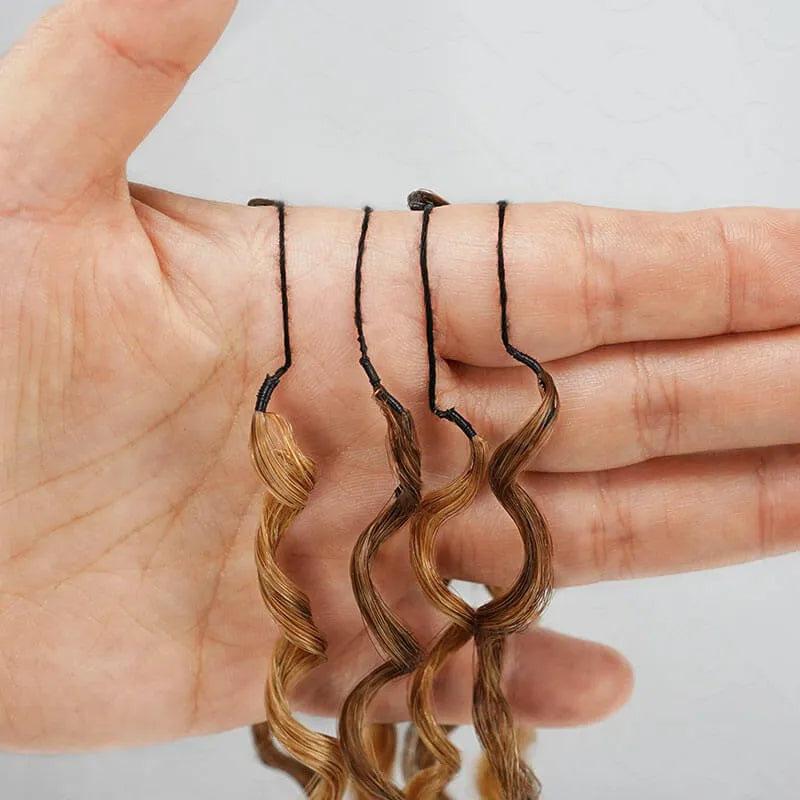 Onimehair Burmese curly feather crochet hair extensions in #P4/27 highlights, natural soft pre-looped human hair for women
