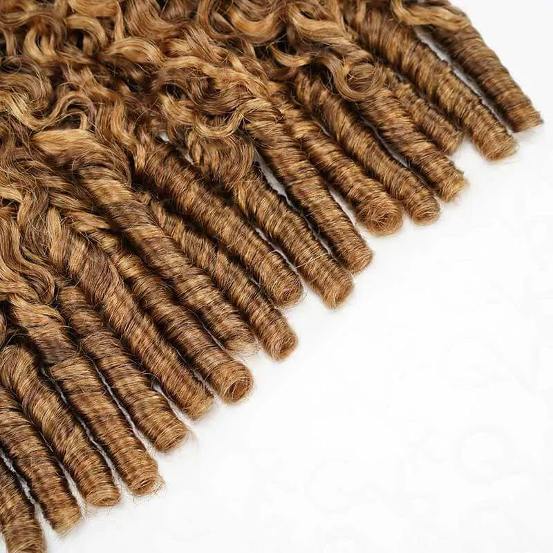 Onimehair Burmese curly feather crochet hair extensions in #P4/27, natural soft pre-looped crochet braids for women.