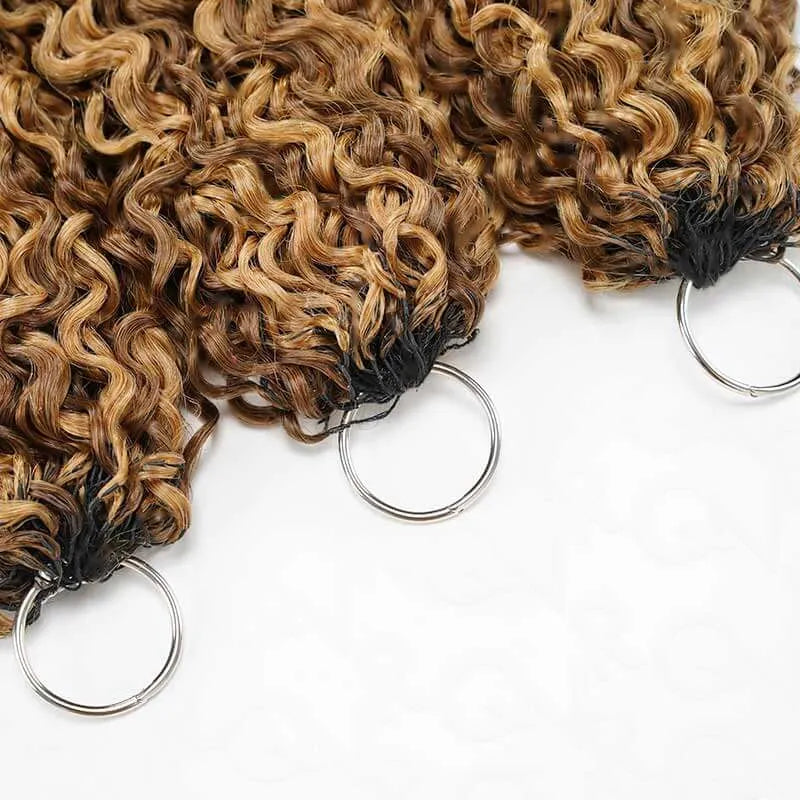 Onimehair 16A Burmese curly feather crochet hair extensions in #P4/27 highlights, natural soft pre-looped human crochet braids