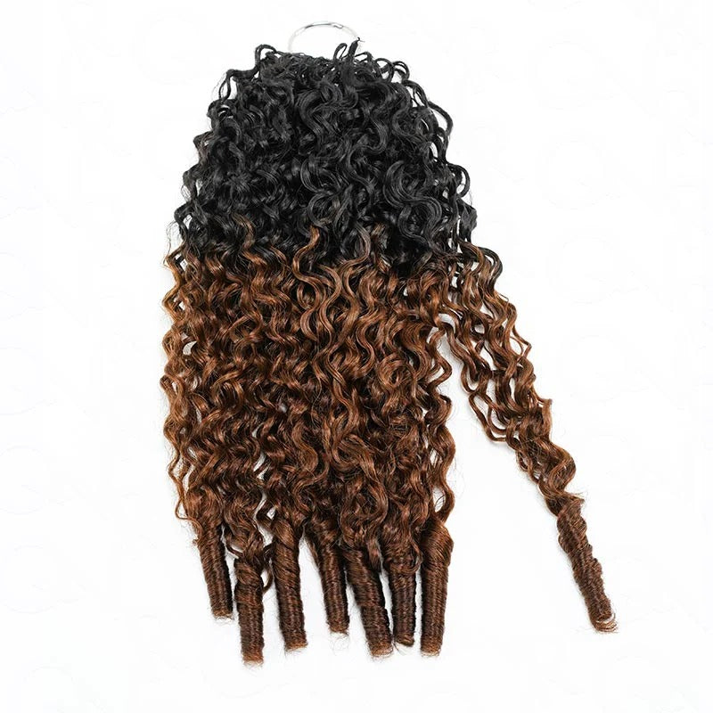 Onimehair 16A Burmese curly feather crochet hair extensions in #T1B/30, natural soft pre-looped human hair for women.