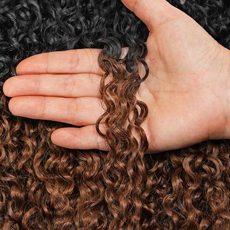 Onimehair 16A Burmese curly feather crochet hair extensions in T1B/30, natural soft pre-looped crochet braids for women.