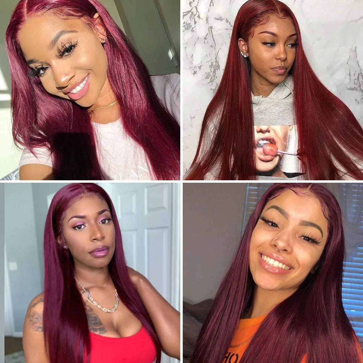 Onime Hair 99J straight wig with 250% density, 13x4 HD lace, glueless, pre-cut lace, and baby hairs, shown on a mannequin head.
