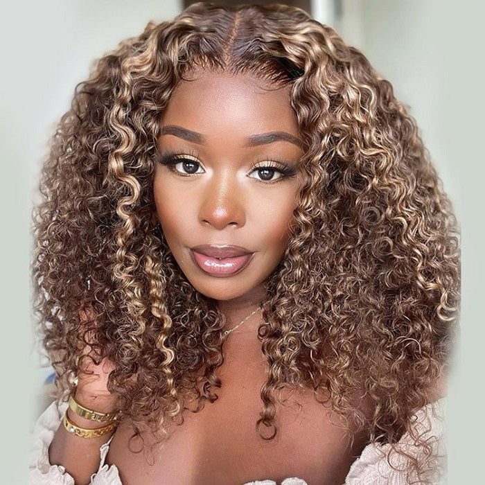 Onime Hair 4C Edges curly lace front wig featuring natural hairline, balayage highlights, and 220% density for a full, natural look.