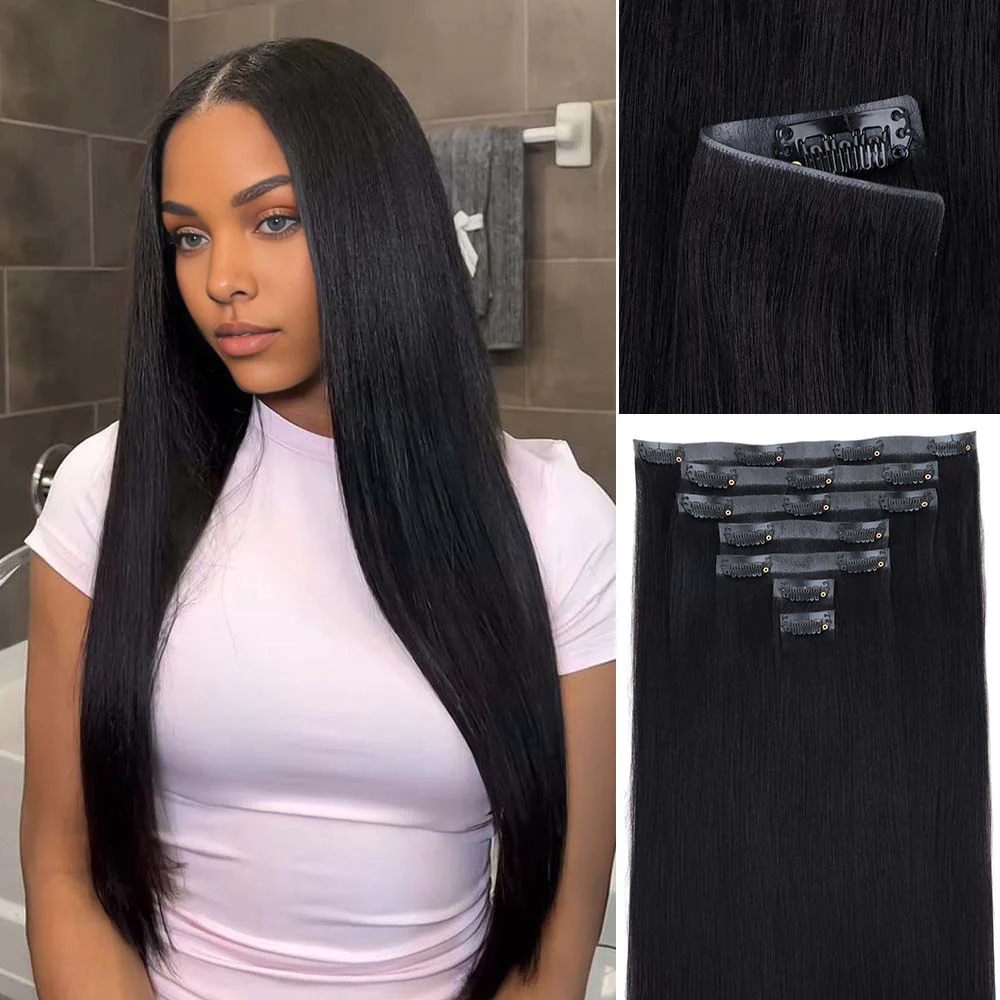 Onime Invisi Edge Seamless Clip in Hair Extensions Yaki Straight #1 Jet Black Real Human Hair