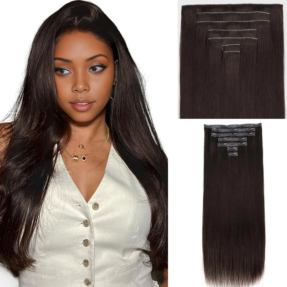 Onime Invisi Edge Seamless Clip in Hair Extensions Yaki Straight #2 Dark Brown Real Human Hair