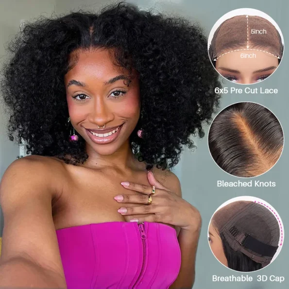 Kinky Curly Short Glueless 6×5 HD Lace Closure Bob Human Hair Wigs Pre Cut Lace Plucked Hairline 250% Density