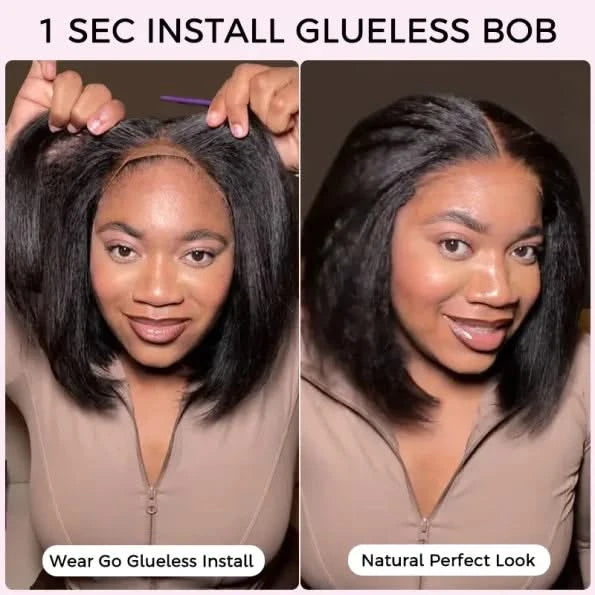 Layered Cut Kinky Straight Bob Human Hair Wig 5×5 HD Lace Glueless Short Wig Pre Plucked Natural Hairline - Onime Hair