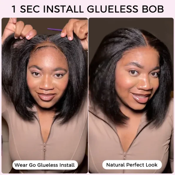 Layered Cut Kinky Straight Bob Human Hair Wig 6×5 HD Lace Glueless Short Wig Pre Plucked Natural Hairline