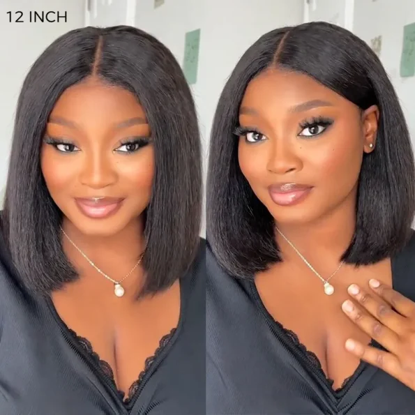 Layered Cut Kinky Straight Bob Human Hair Wig 6×5 HD Lace Glueless Short Wig Pre Plucked Natural Hairline