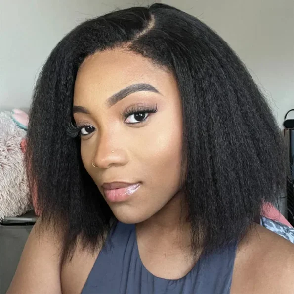 Layered Cut Kinky Straight Bob Human Hair Wig 6×5 HD Lace Glueless Short Wig Pre Plucked Natural Hairline