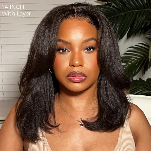 Layered Cut Kinky Straight Bob Human Hair Wig 6×5 HD Lace Glueless Short Wig Pre Plucked Natural Hairline