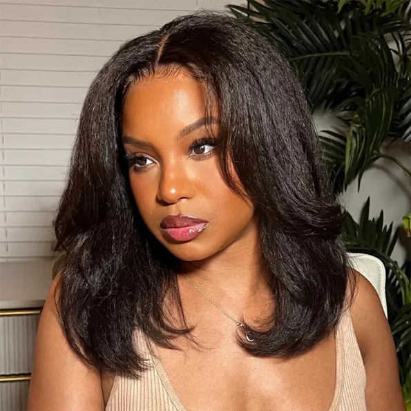 Layered Cut Kinky Straight Bob Human Hair Wig 6×5 HD Lace Glueless Short Wig Pre Plucked Natural Hairline