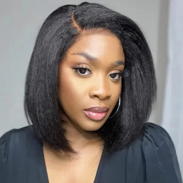 4C Edges Hairline | Kinky Straight Short Bob Human Hair Glueless Wigs Side Part 5×5 Lace 180% Density - Onime Hair