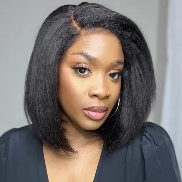 4C Edges Hairline | Kinky Straight Short Bob Human Hair Glueless Wigs Side Part 6×5 Lace 180% Density