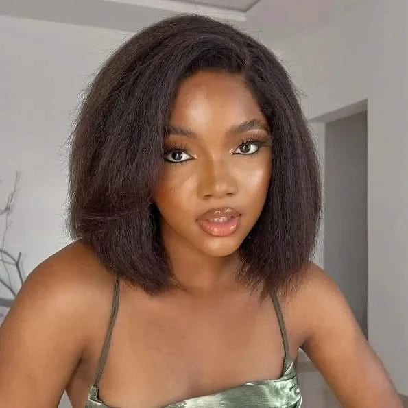 4C Edges Hairline | Kinky Straight Short Bob Human Hair Glueless Wigs Side Part 5×5 Lace 180% Density - Onime Hair