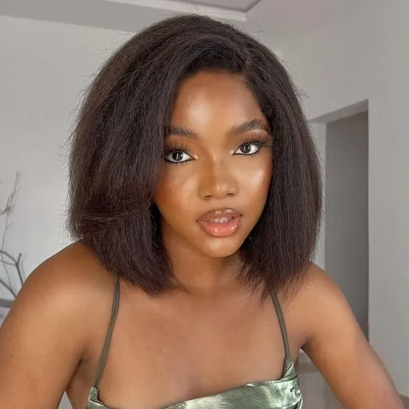 4C Edges Hairline | Kinky Straight Short Bob Human Hair Glueless Wigs Side Part 6×5 Lace 180% Density