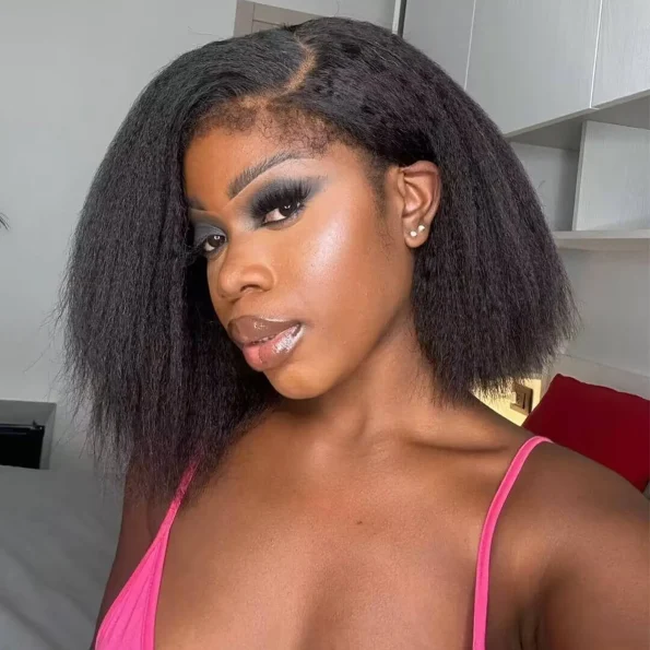 4C Edges Hairline | Kinky Straight Short Bob Human Hair Glueless Wigs Side Part 6×5 Lace 180% Density