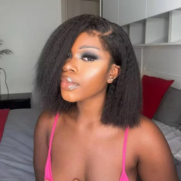 4C Edges Hairline | Kinky Straight Short Bob Human Hair Glueless Wigs Side Part 6×5 Lace 180% Density