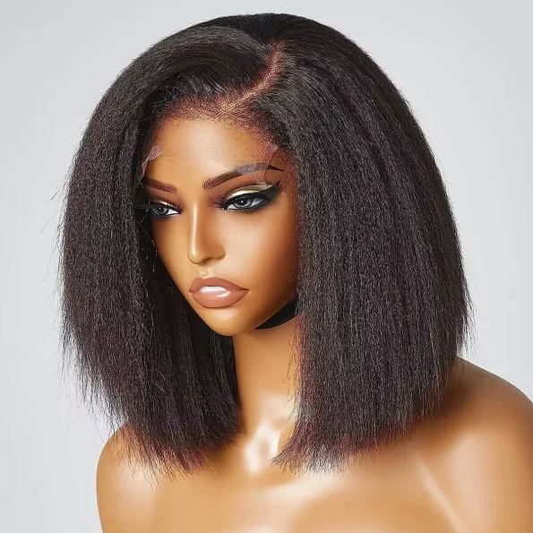4C Edges Hairline | Kinky Straight Short Bob Human Hair Glueless Wigs Side Part 6×5 Lace 180% Density