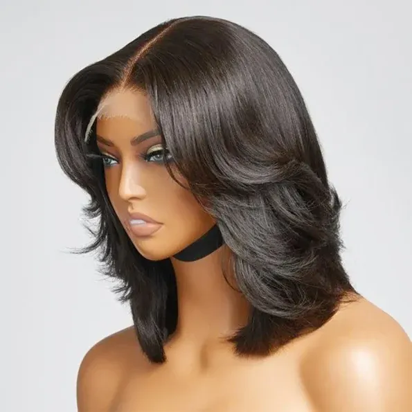 Handcraft Layered Cut 6×5 HD Lace Wear Go Glueless Short Bob Wig 100% Human Hair Natural Black