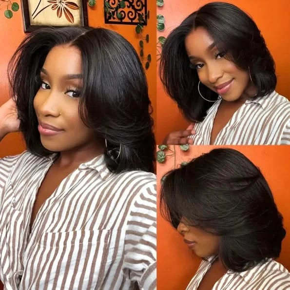 Handcraft Layered Cut 5×5 HD Lace Wear Go Glueless Short Bob Wig 100% Human Hair Natural Black - Onime Hair