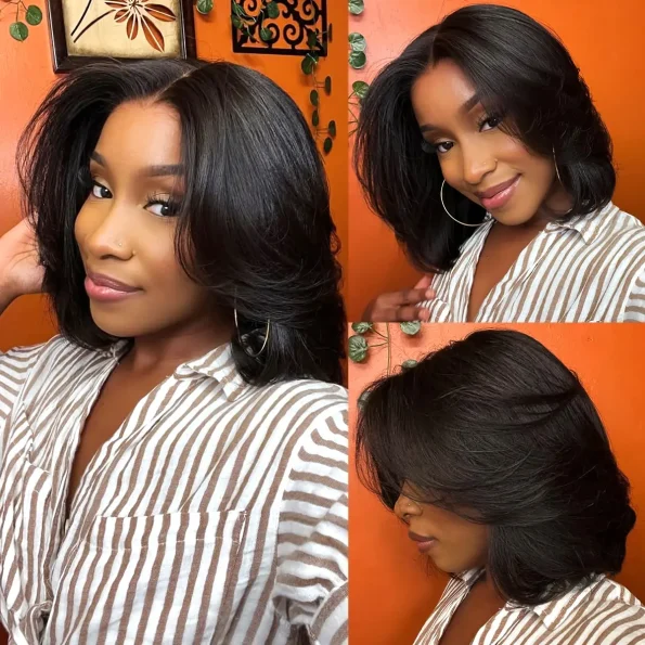 Handcraft Layered Cut 6×5 HD Lace Wear Go Glueless Short Bob Wig 100% Human Hair Natural Black