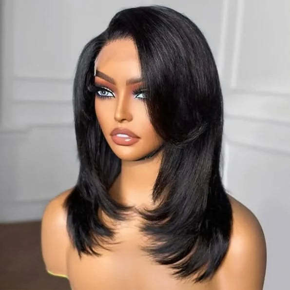 Handcraft Layered Cut 5×5 HD Lace Wear Go Glueless Short Bob Wig 100% Human Hair Natural Black - Onime Hair