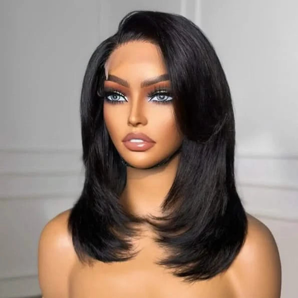 Handcraft Layered Cut 5×5 HD Lace Wear Go Glueless Short Bob Wig 100% Human Hair Natural Black - Onime Hair