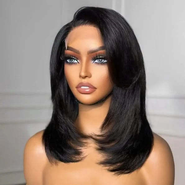 Handcraft Layered Cut 5×5 HD Lace Wear Go Glueless Short Bob Wig 100% Human Hair Natural Black - Onime Hair