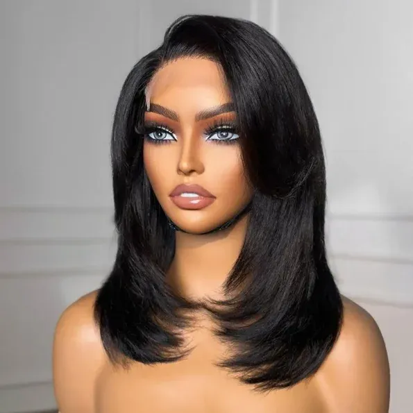 Handcraft Layered Cut 6×5 HD Lace Wear Go Glueless Short Bob Wig 100% Human Hair Natural Black