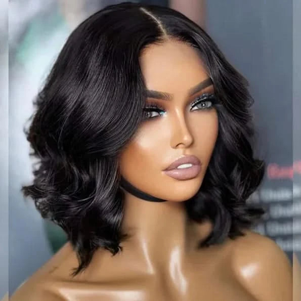 Pre Bleached Knots Short Loose Body 5×5 HD Lace Glueless Bob Wig Layer Wavy Wave Human Hair - Onime Hair