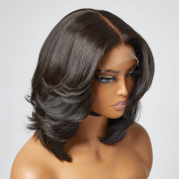 Handcraft Layered Cut 6×5 HD Lace Wear Go Glueless Short Bob Wig 100% Human Hair Natural Black