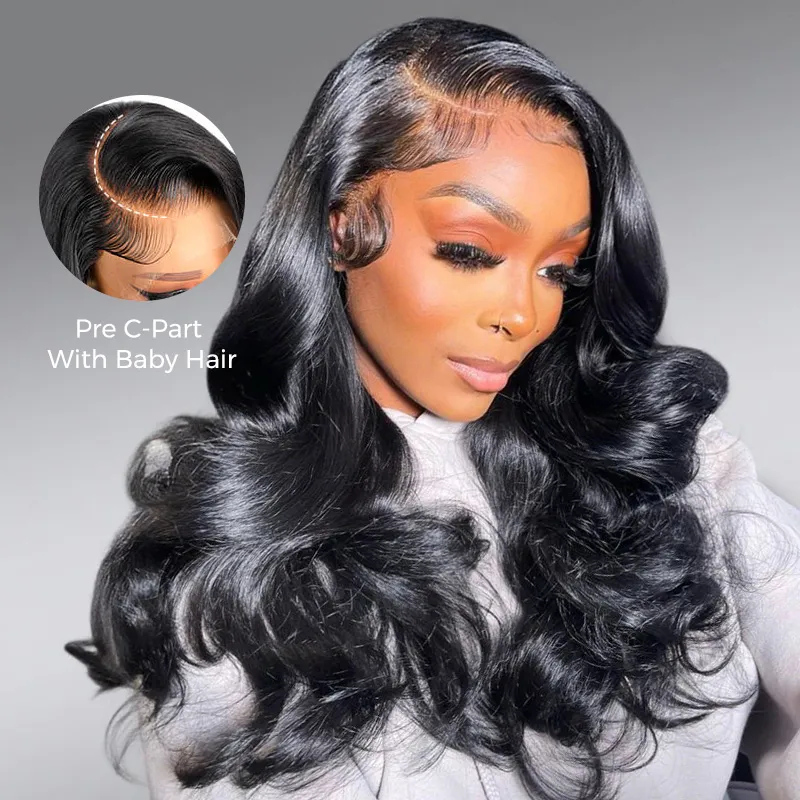 Loose Body Wave Layer Cut C-Side Part Human Hair Wig With Baby Hair Pull Go Glueless