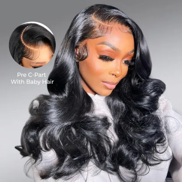 Loose Body Wave Layer Cut C-Side Part Human Hair Wig With Baby Hair Pull Go Glueless