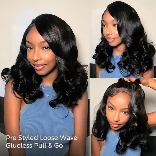 Loose Body Wave Layer Cut C-Side Part Human Hair Wig With Baby Hair Pull Go Glueless