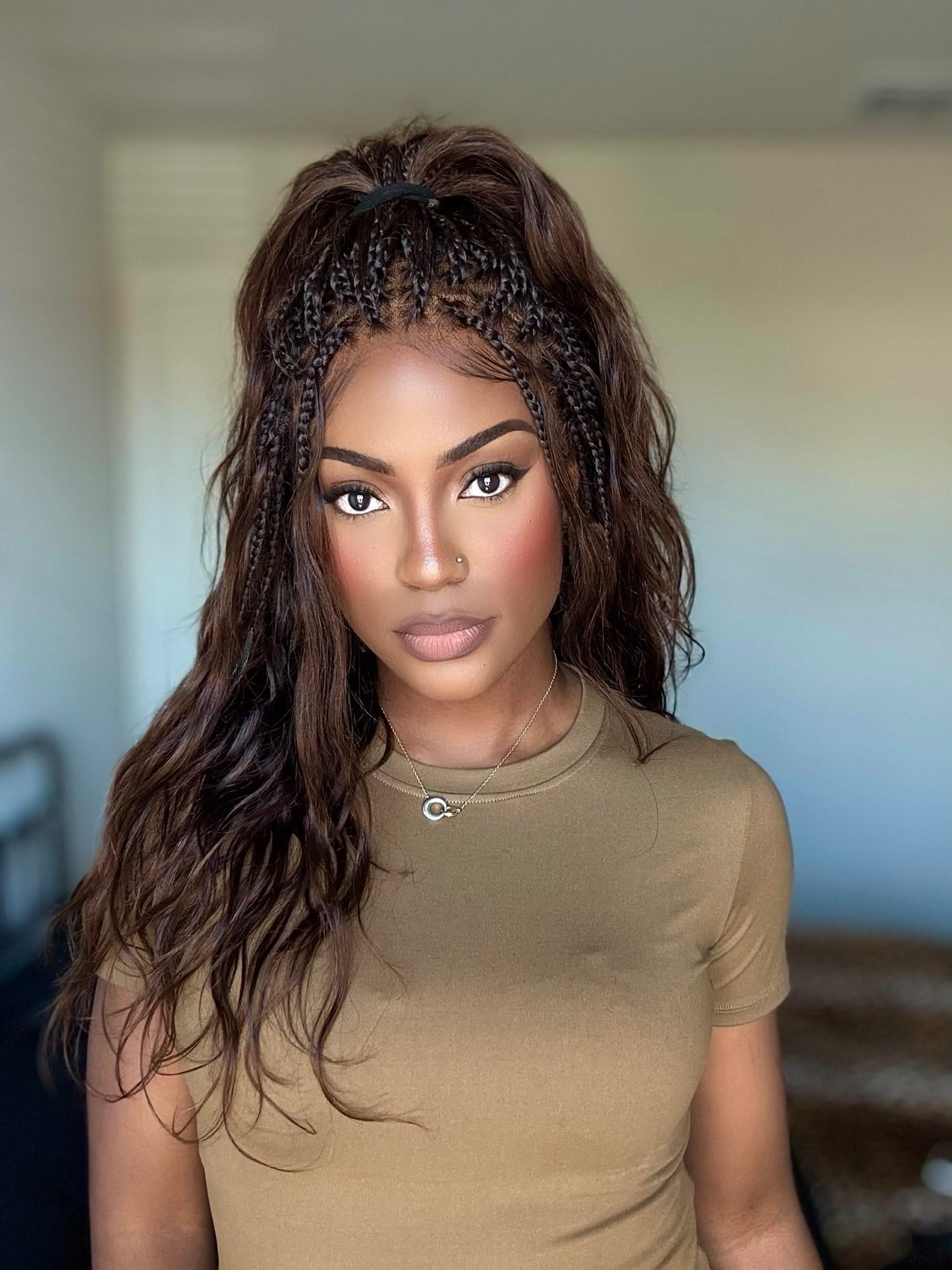 Michelle -  Salon-Style Braided Wig Bora Bora Human Hair Body Wave Pre Bleached Swiss HD Full Lace Boho Box Braids - Onime Hair