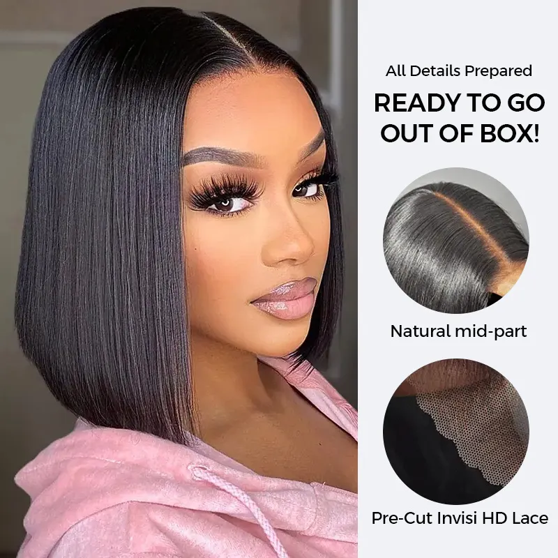 Sleek Bone Straight Bob 2×6 HD Lace Glueless Blunt Cut Middle Part Wig Super Double Drawn Hair Quality