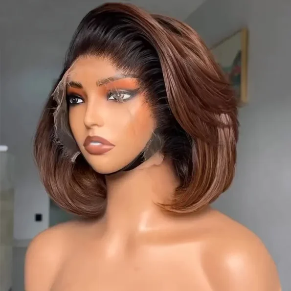Ombre Brown Color Layered Cut Glueless 6×5 Closure Lace Bob Side Part Wear & Go Human Hair Wig