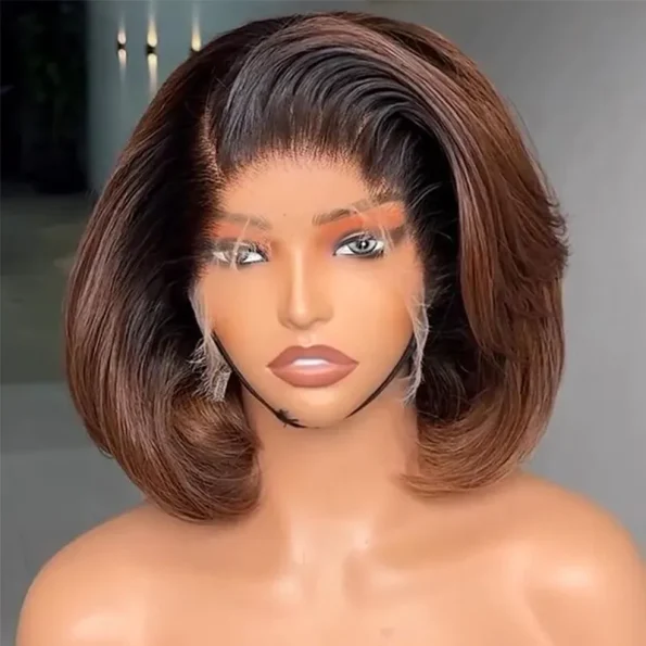 Ombre Brown Color Layered Cut Glueless 6×5 Closure Lace Bob Side Part Wear & Go Human Hair Wig