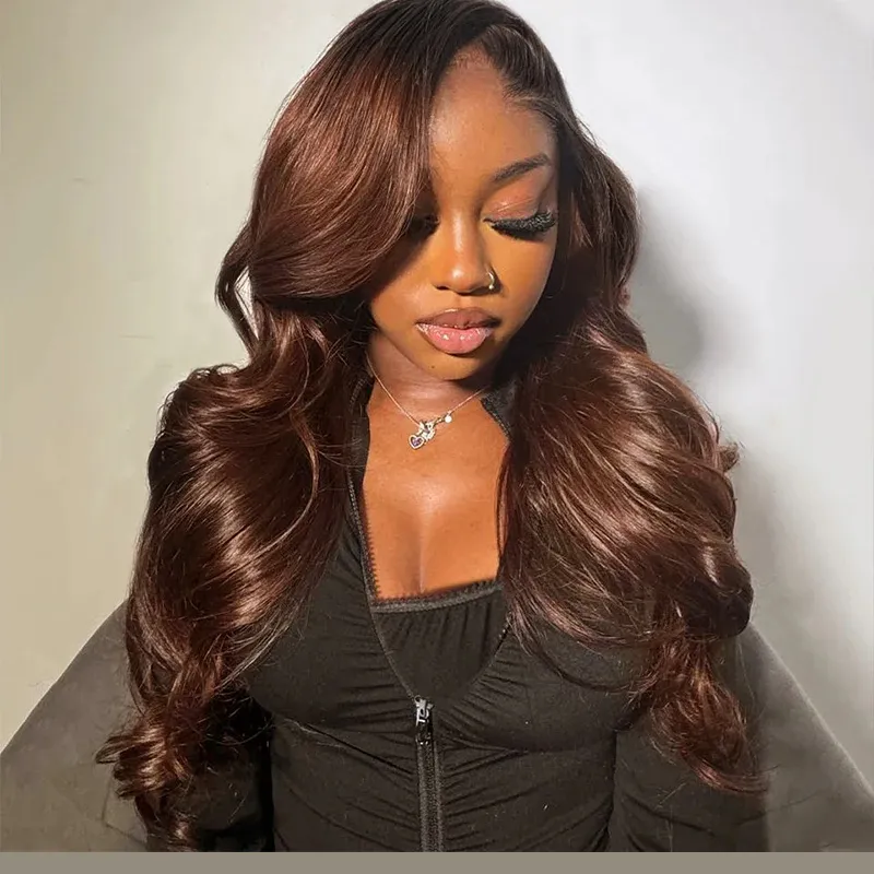 Butterfly Layered Cut Loose Body Wave Ombre Brown With Dark Roots Glueless Closure Wig C Side Part