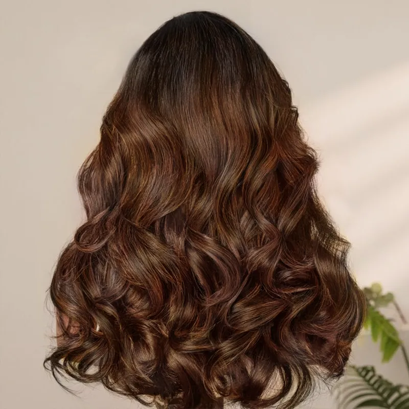 Butterfly Layered Cut Loose Body Wave Ombre Brown With Dark Roots Glueless Closure Wig C Side Part
