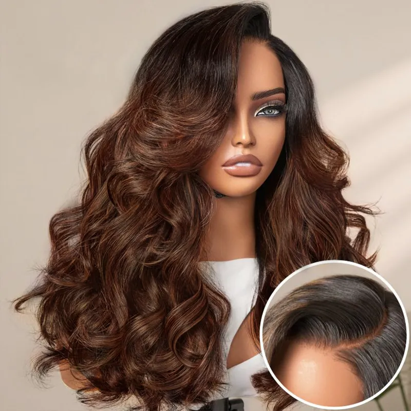 Butterfly Layered Cut Loose Body Wave Ombre Brown With Dark Roots Glueless Closure Wig C Side Part