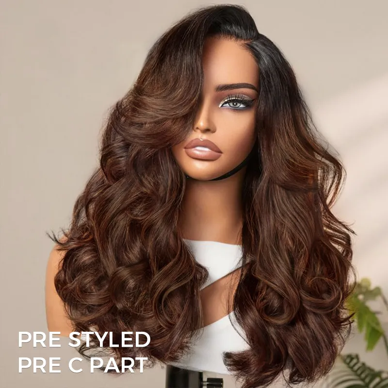 Butterfly Layered Cut Loose Body Wave Ombre Brown With Dark Roots Glueless Closure Wig C Side Part