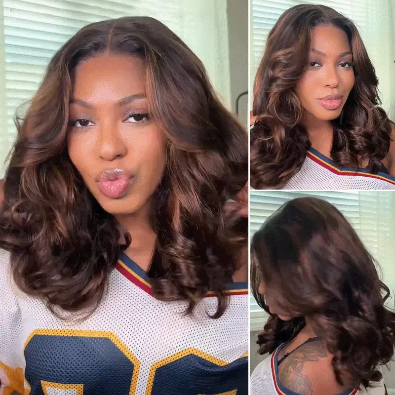 Ombre Brown Highlight Color Loose Wave Wig Butterfly Layered Cut 6×5 Glueless Wig 200% Density